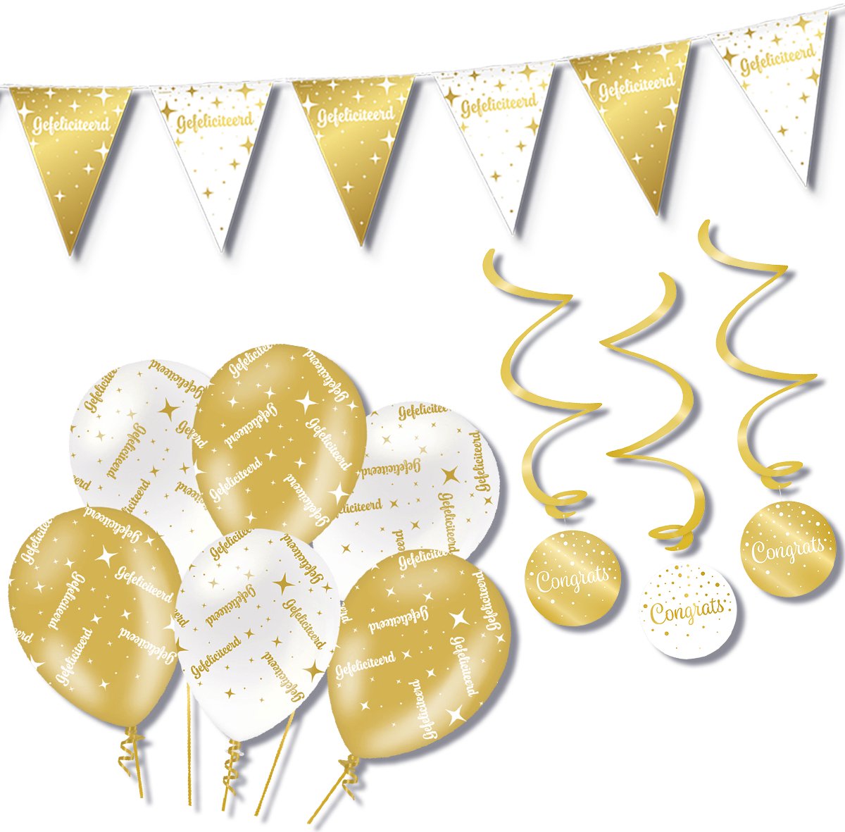 BTH – Gefeliciteerd – Wit-Goud – Decoratie Set – Ballonnen-Swirls-Vlaggenlijn – Alles-in-1 – Feest Pakket