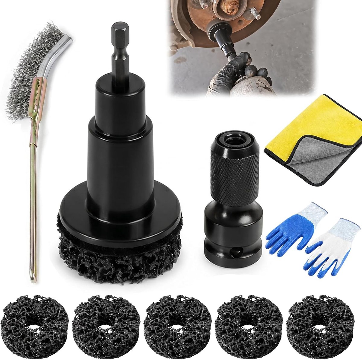 Professionele Schoonmaaktool voor Velgen met 5 Slijpschijven en 1/2 Inch Slagschroevendraaier, Velgenreiniger en Roestverwijderaar voor Snel Onderhoud van Auto's