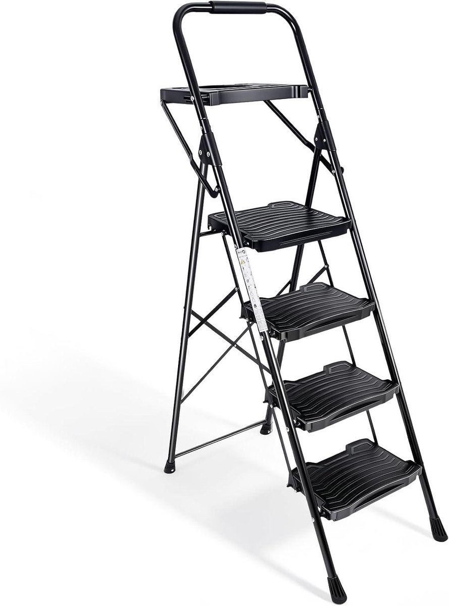 Trapladder 4 Treden - Huishoudladder Opvouwbaar - Veilig Klussen - Met Leuning Werkvak - 150 cm Hoog - Zwart