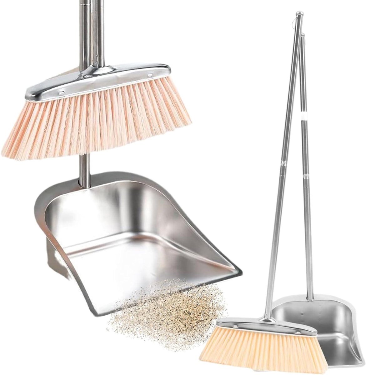 Stoffer en blik - Reinigingsset - Vloeren schoonmaken - Ergonomisch ontwerp - Lange steel - Zilver