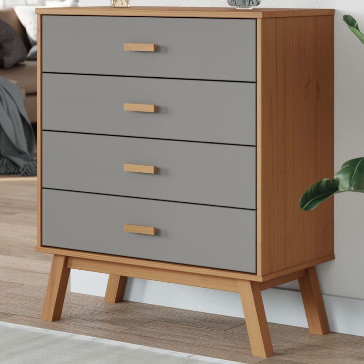 Houten Ladekast - Opbergkast Commode - Slaapkamer Organiseren - Massief Grenenhout - 4 Laden - Grijs Bruin