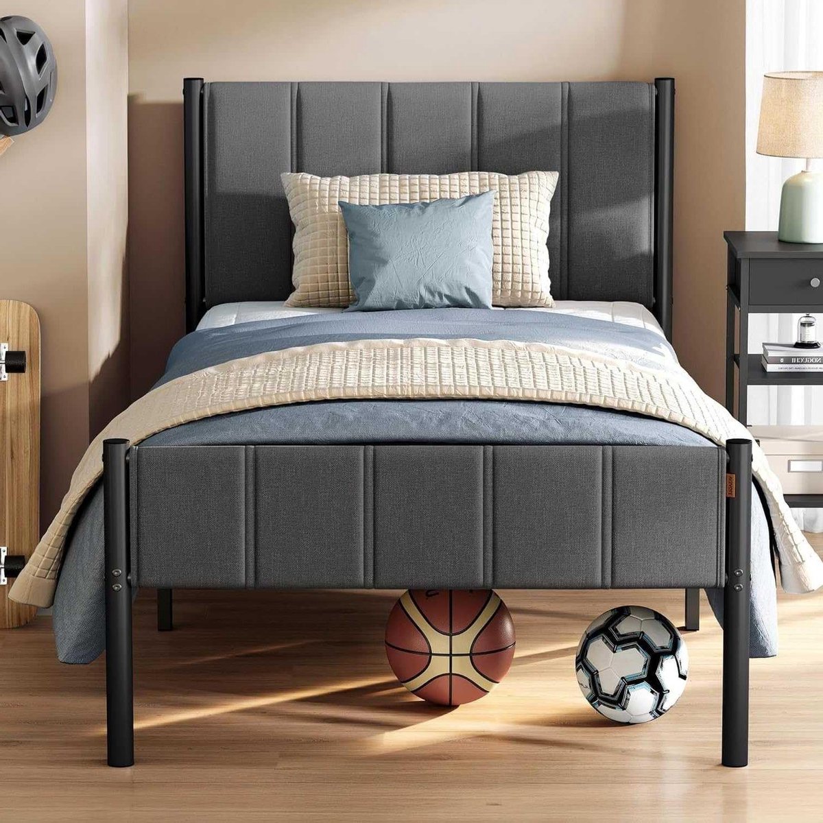 Eenpersoons Bedframe - Ledikant Metalen Bed - Slaapkamer Inrichten - Stalen Frame - 90 x 200 cm - Leigrijs