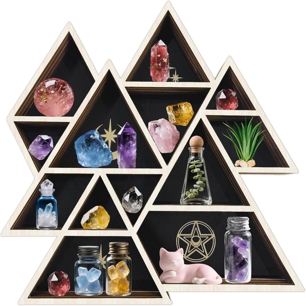 Mountain Shaped Crystal Display Shelf van Hout 28.2cm L×30cm W x 3cm voor Kristallen, Edelstenen en Sieraden met Meerdere Compartimenten voor Bohemian en Witch Decoratie