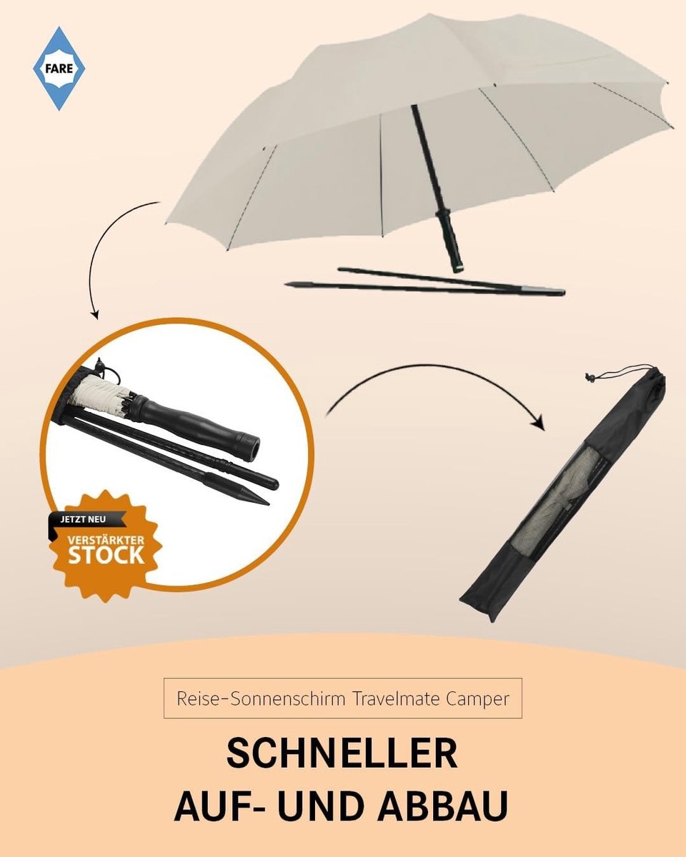 Strandparasol met draagtas - Crème - Licht en Compact - UPF50+ UV-bescherming - Voor Reizen en Outdoor