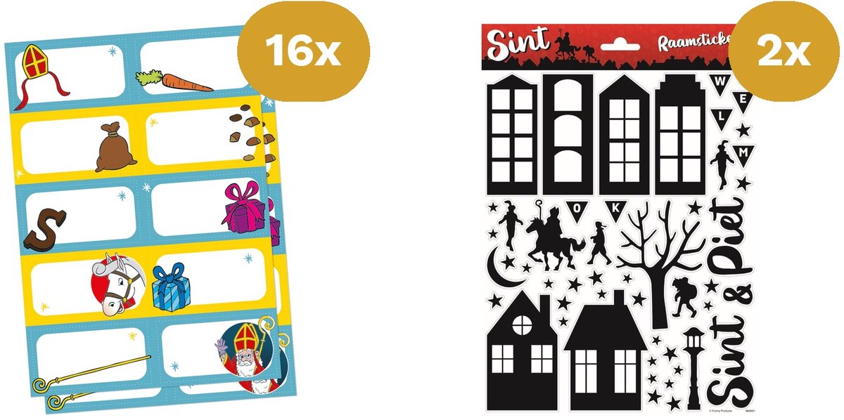 Sinterklaas Traktatie Sticker & Label Megapack - 8 Naamstickervellen & 2x Raamstickers A4 - Brievenbusverpakking