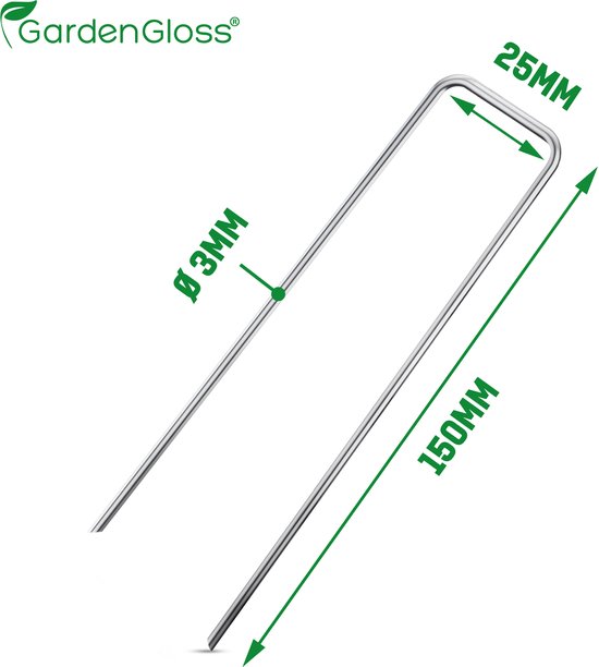 Een metalen grondpin met afmetingen 150 mm lengte, 25 mm breedte en 3 mm diameter.