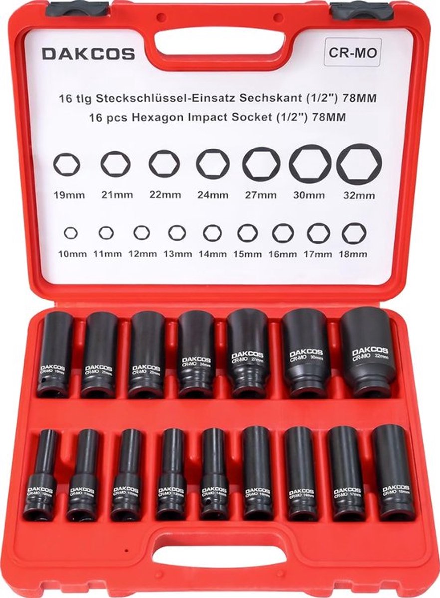 Thijox - 16-delige 1/2" zeskant kracht doppenset - Diepe socket metrisch 10-32 mm voor slagmoersleutel en momentsleutel, gemaakt van duurzaam CR-MO st