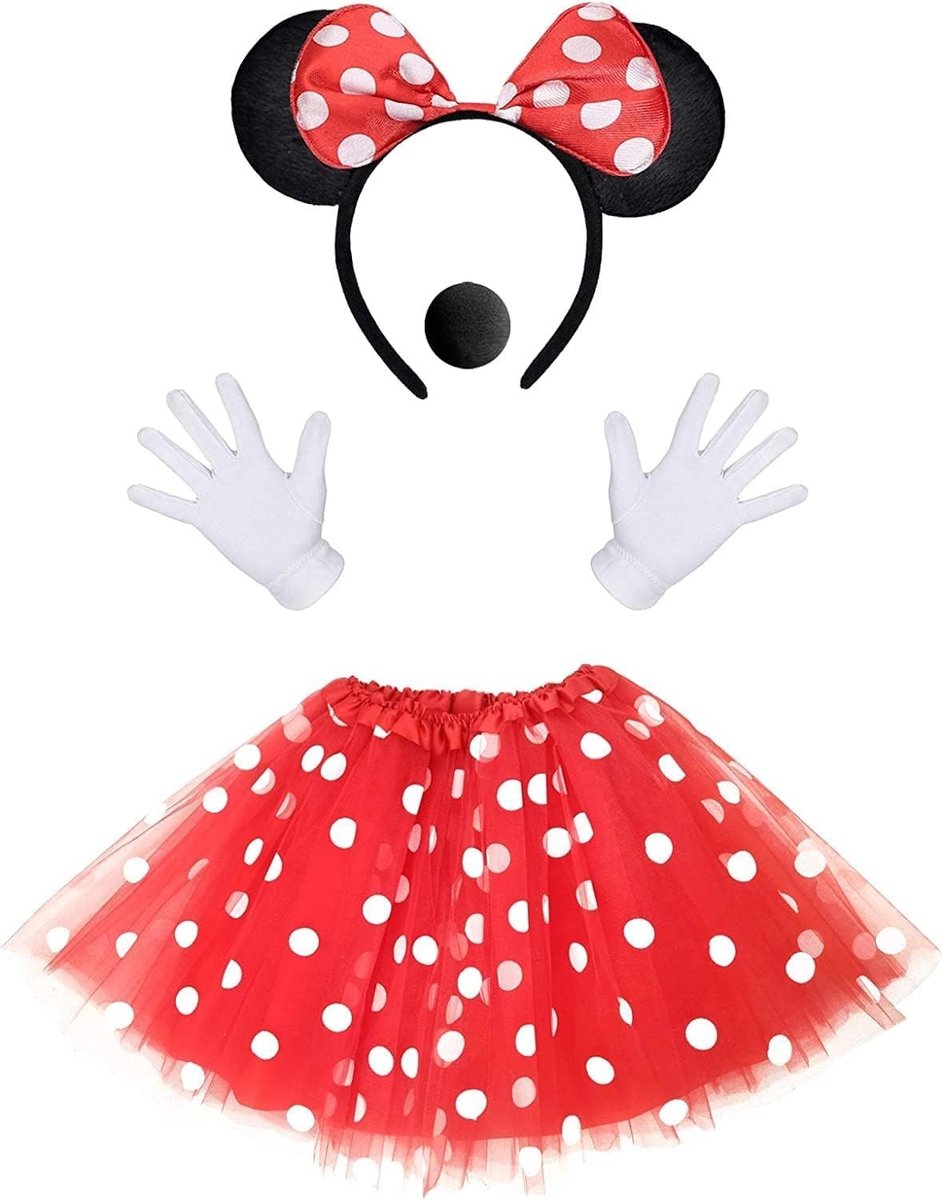 Minnie Mouse Kostuum Set met Rood Tutu Rok, Oren Hoofdband, Witte Handschoenen en Neus voor Halloween en Carnaval voor Meisjes en Vrouwen