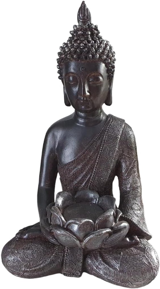 Boeddha-sculptuur - Thaise Boeddha figuur bruin als theelichthouder 30 cm - decoratie Boeddha - Feng Shui ornamenten - Boeddhabeeld
