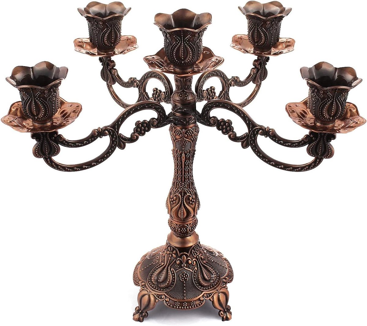 Kandelaar Metaal - Kaarsenstandaard Houder - Huis Decoratie - Vijf Armen - 26 cm Hoog - Rood Brons