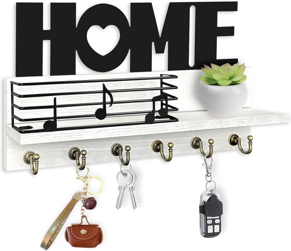 Vintage Wandorganizer met Plank voor Sleutels, Houten Decoratie met 6 Haakjes voor Sleutels en Toetsenbord