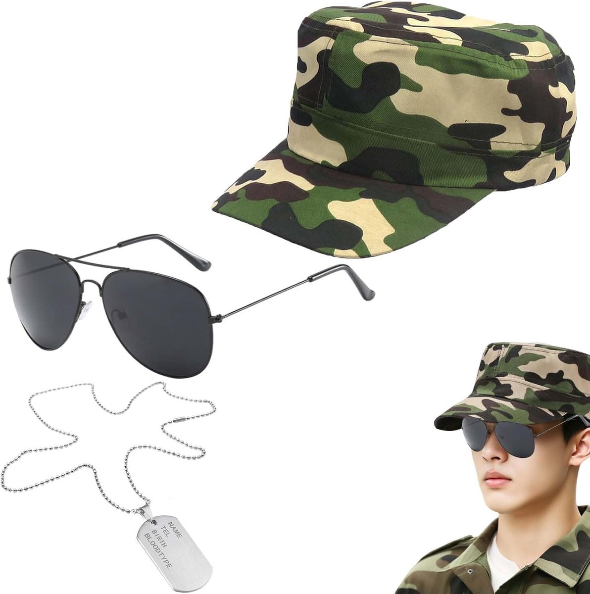 3-delig militair kostuum met camouflage hoed, zonnebril en ID-tag voor volwassenen, ideaal voor cosplay en Halloween feestjes