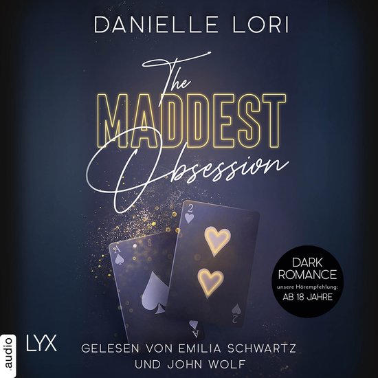 Boekcover: The Maddest Obsession, Dark Romance, met kaarten en gouden confetti. Van Danielle Lori.
