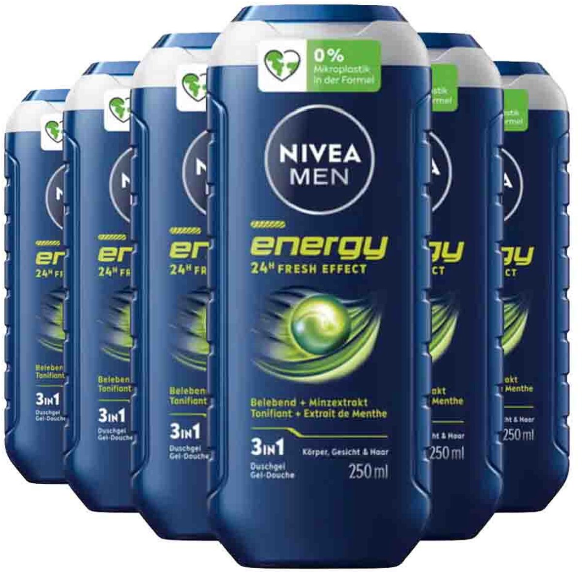 NIVEA Men Shampoo & Douchegel 3in1 Energy - 6 x 250 ml - Voordeelverpakking