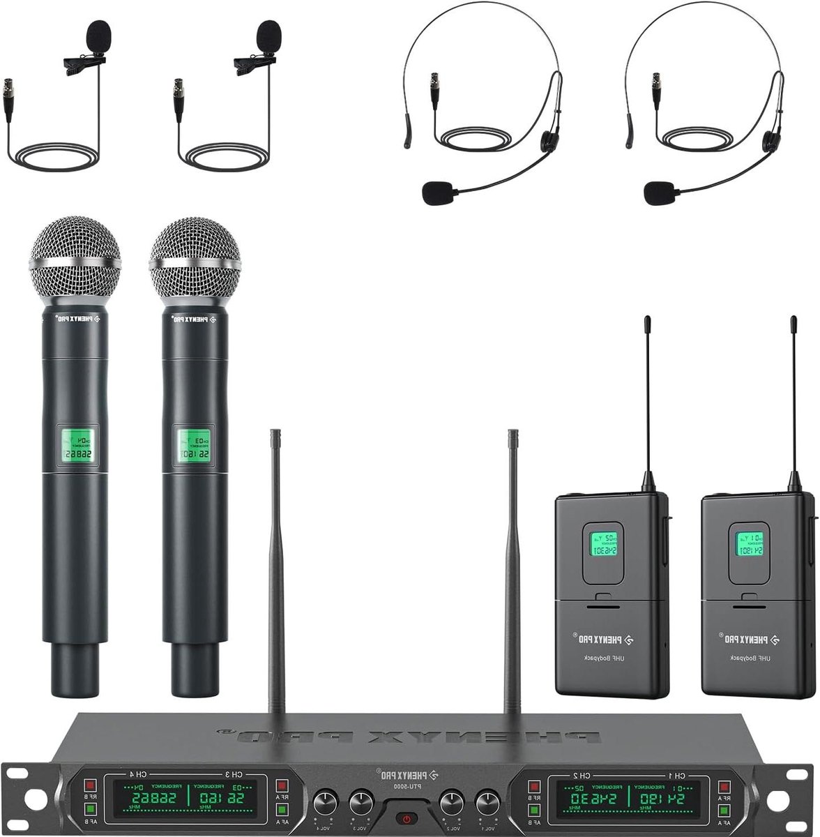 Draadloos Microfoon Systeem - Zender Set - Optreden Presenteren - Vaste Frequentie UHF - 4 Kanalen - Zwart