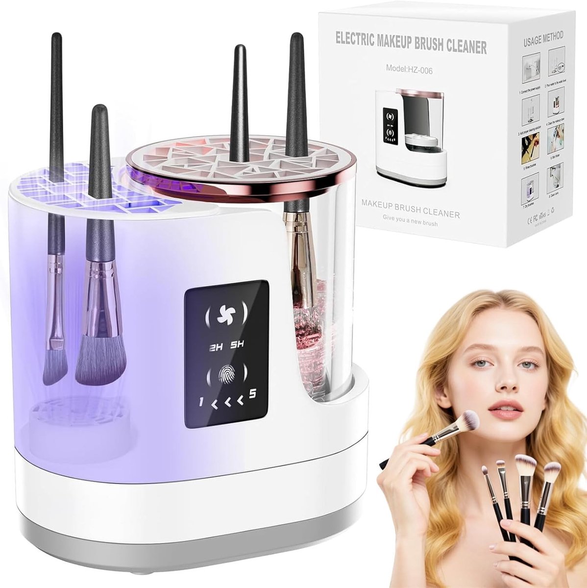 Efficiënte 3-in-1 Make-up Borstelreiniger met Droger en Houder, USB Voeding, Snel en Automatisch voor Alle Maten en Cosmetische Borstels in Slechts 5 Minuten