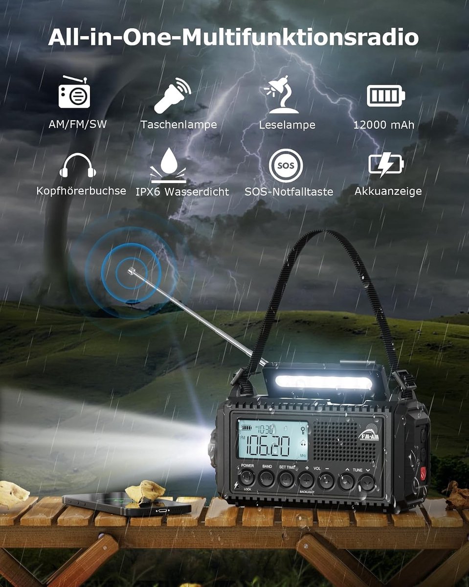Noodradio solar en opwindbaar - Zwart - 17,3 x 9,4 x 6,3 cm - Draagbare Radio met LED Zaklamp en Leeslamp - Voor Camping en Noodsituaties