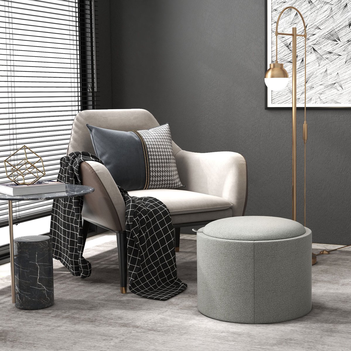 Opbergpoef Met Opbergruimte – Ronde Klapdeksel – 56 x 42 cm – Stof En Mdf – Grijs – Voor Binnen