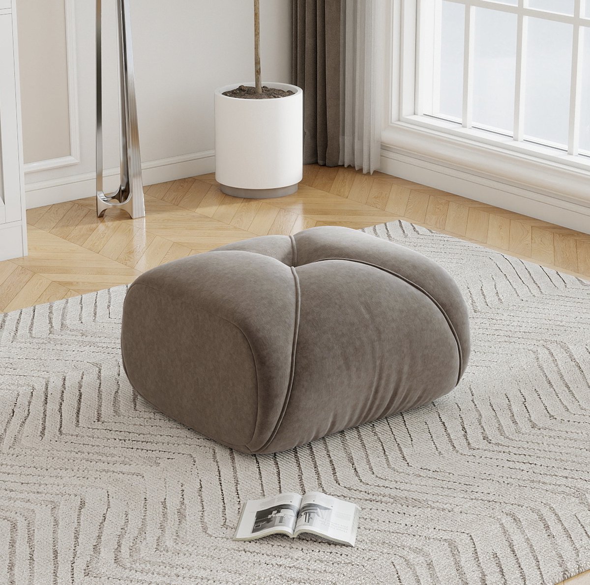 Hocker Met Chenille Bekleding – 78 x 76 x 45 Cm – Taupe – Gepolsterd Zitmeubel Voor Binnen Met Onzichtbare Voet