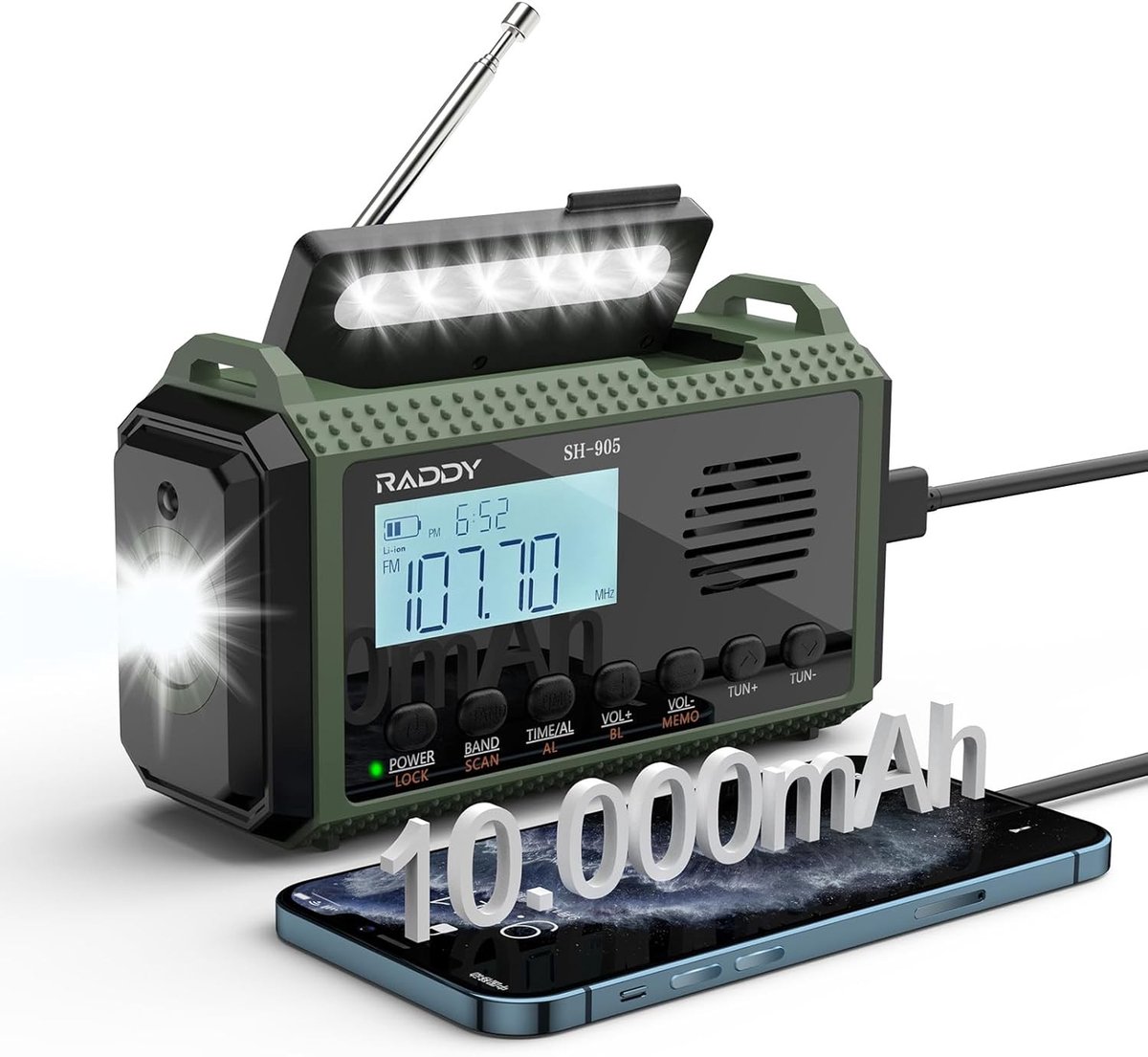 Noodradio solar en opwindbaar - Zwart - 10.000mAh Batterij - Draagbare AM/FM/SW/NOAA Radio met Zaklamp en SOS - Voor Noodsituaties en Kamperen