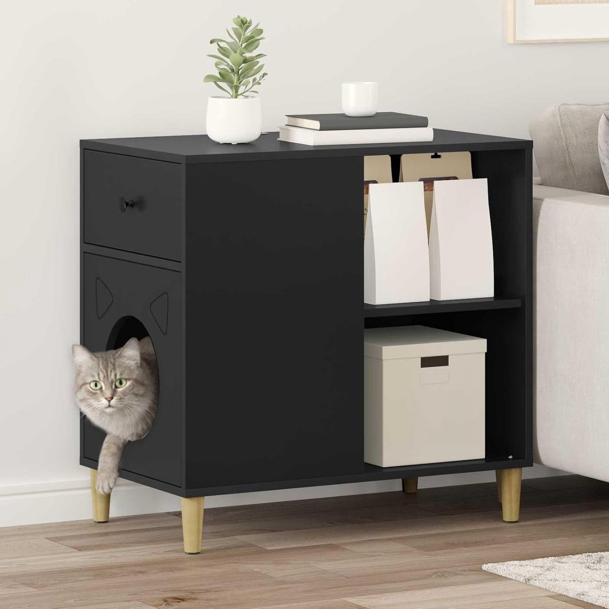 Kattenhuis Hout - Kattenmeubel Kast - Huisdier Ontspanning - Weerbestendig Ontwerp - 72 x 425 x 70 cm - Zwart