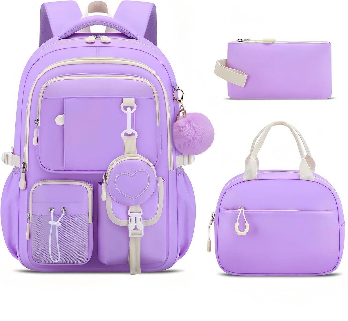 Meisjes rugzakset - lichtgewicht en stevig - voor boeken en schoolspullen - voor basis- en middelbare school - met hartjesmuntenzakje - voor meisjes - zwart en paars - one size - 3-delige set
