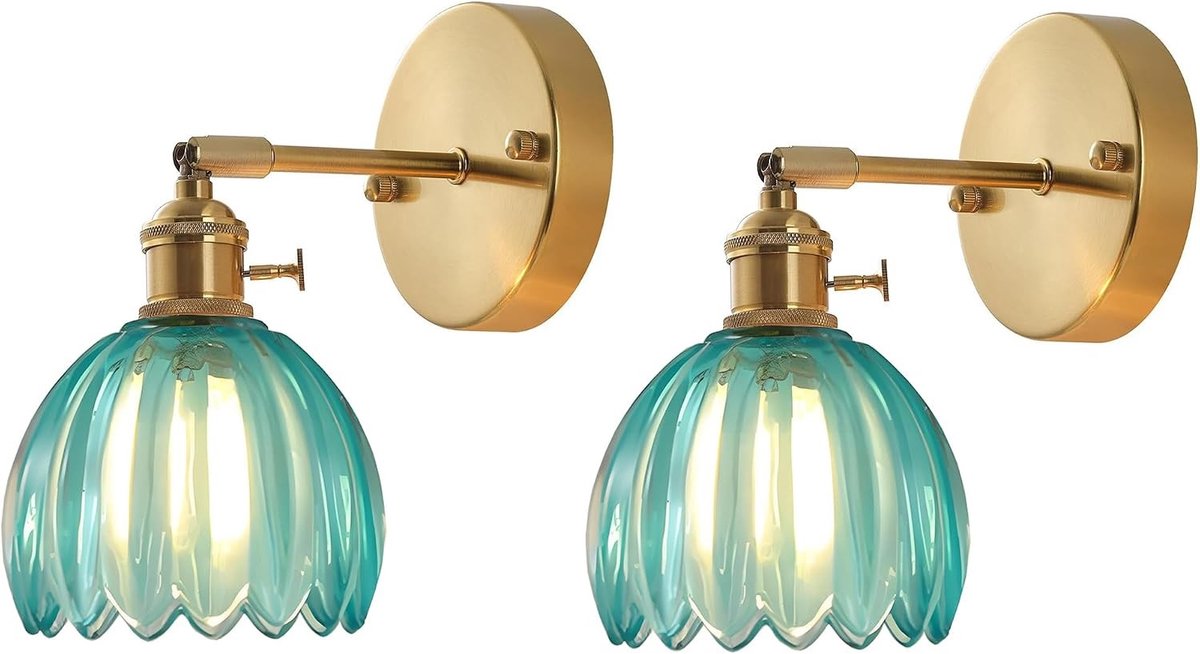 Vintage Wandlamp - Blauw - 2 Stuks - Gelakt Glas met Gouden Afwerking - Voor Slaapkamer en Woonkamer