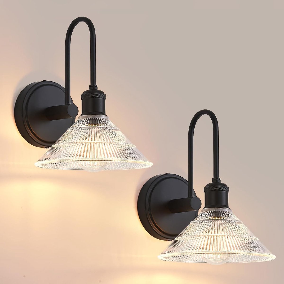 Wandlampenset van 2 - Zwart - Wandlamp met Glazen Kap - Vintage Verlichtingsarmatuur - Voor Slaapkamer en Woonkamer