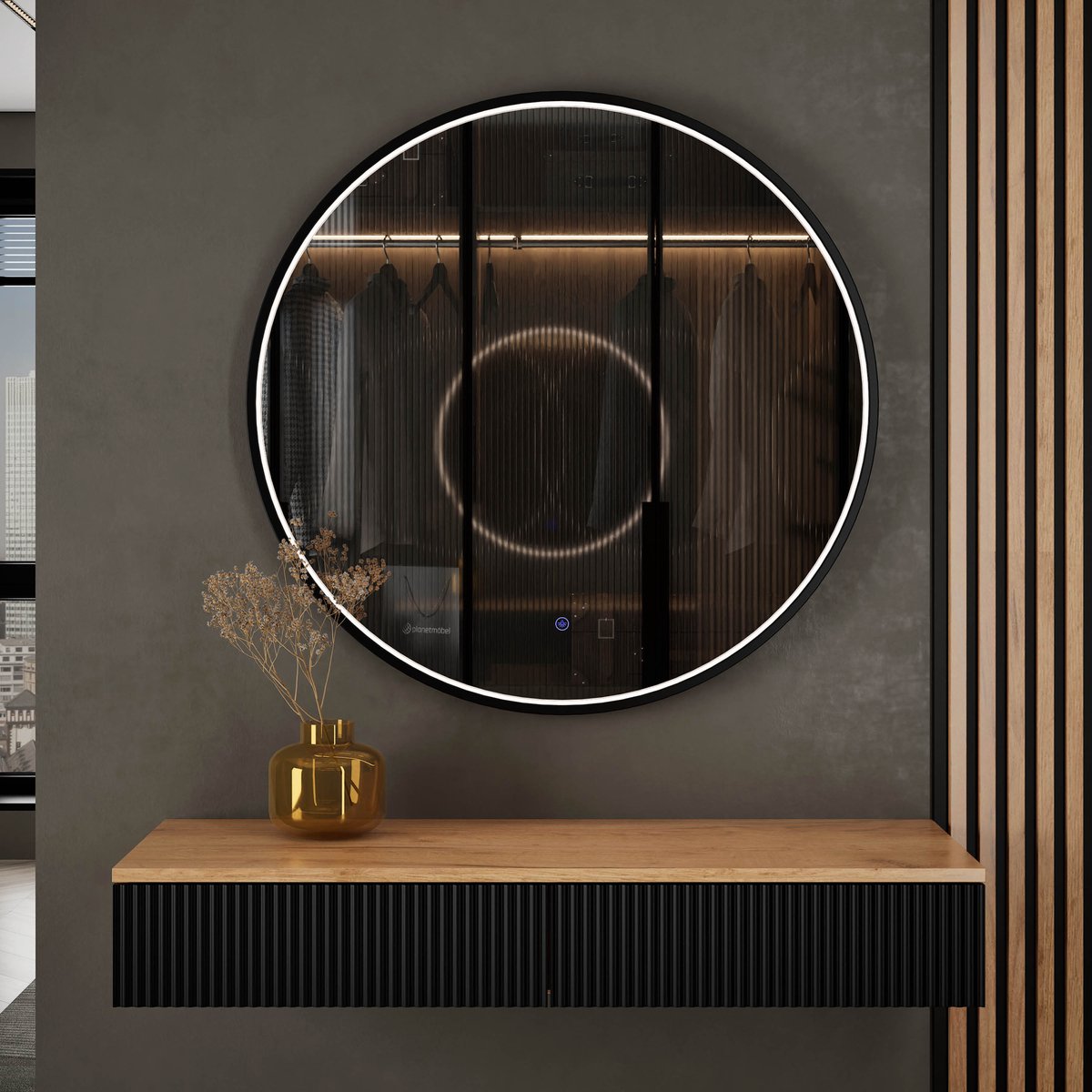 Planetmöbel AMYRA Wandconsole 100 cm – Goud Eiken/Zwart – VELUNA LED Spiegel 80 cm – Dimbaar – 3 Lichtkleuren