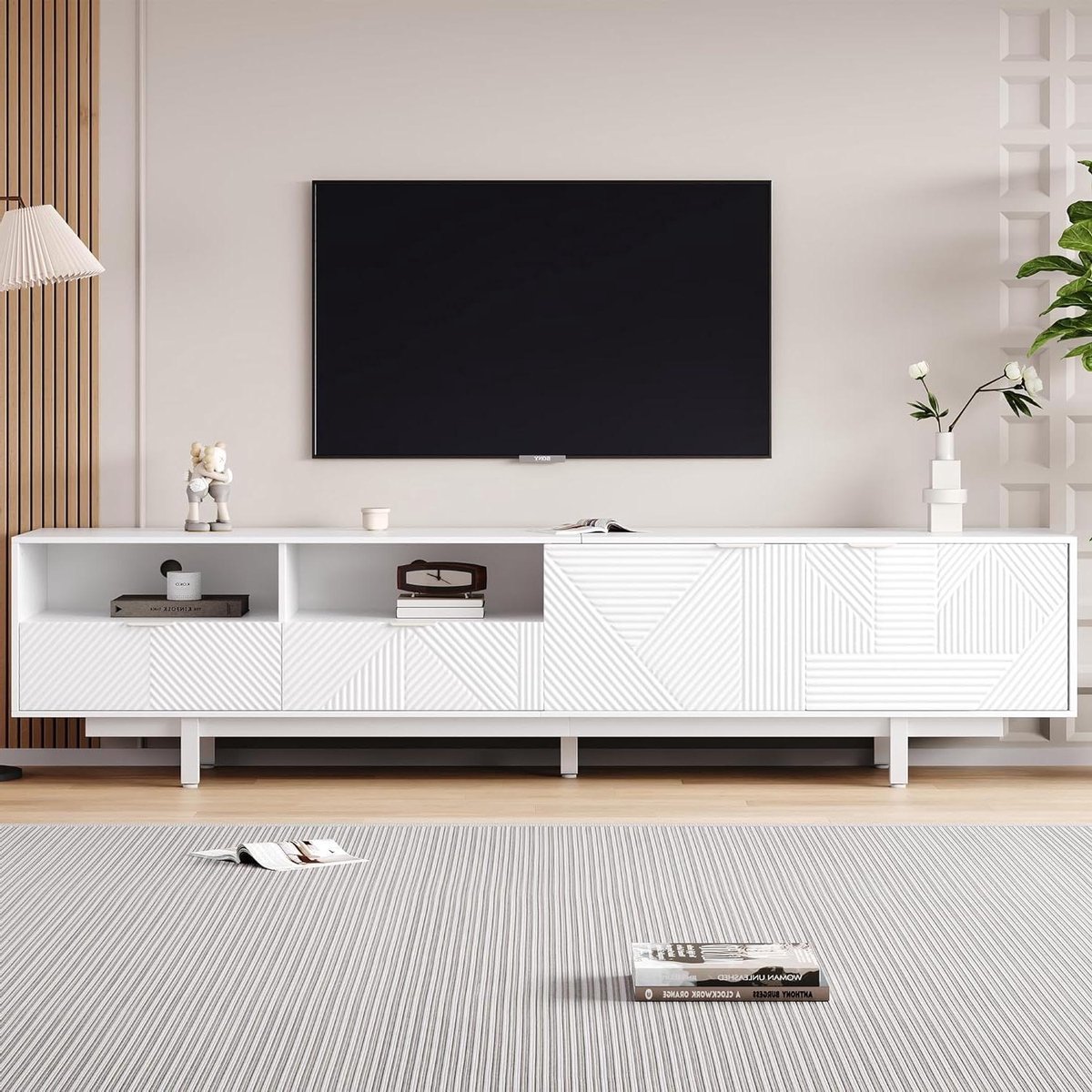 TV Meubel - Dressoir Opbergkast - Woonkamer Inrichten - Geometrisch Lijnenspel - 200 x 40 x 51 cm - Wit