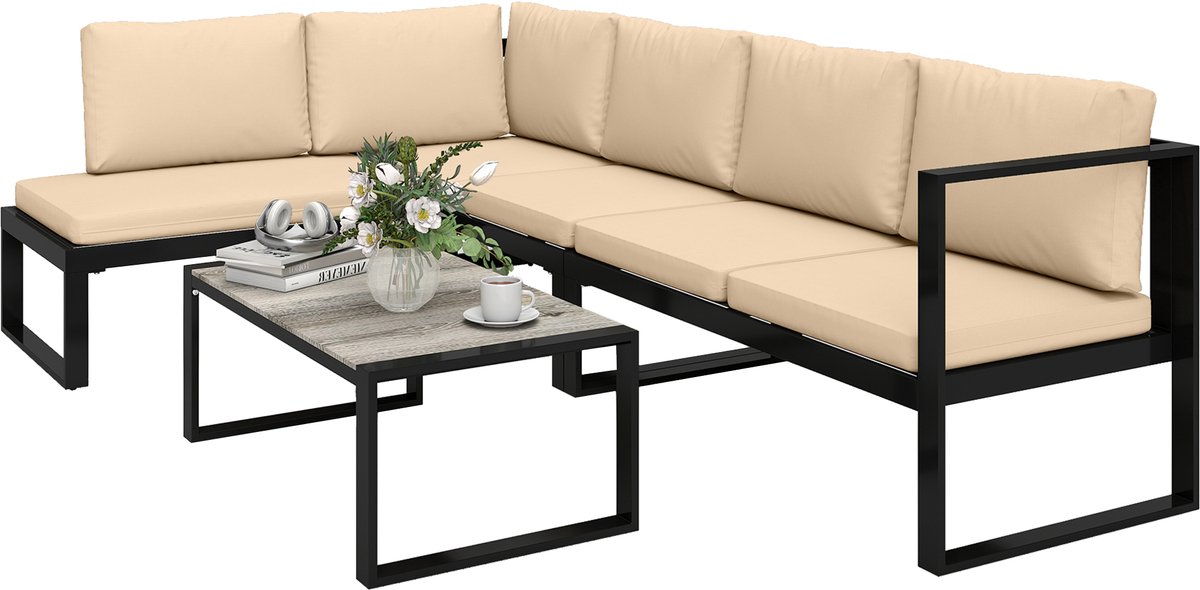 4-delige tuinset-bestaande uit een loungeset met 2 tweezitsbanken-een stoel zonder armleuningen en een salontafel-voor balkon-kaki