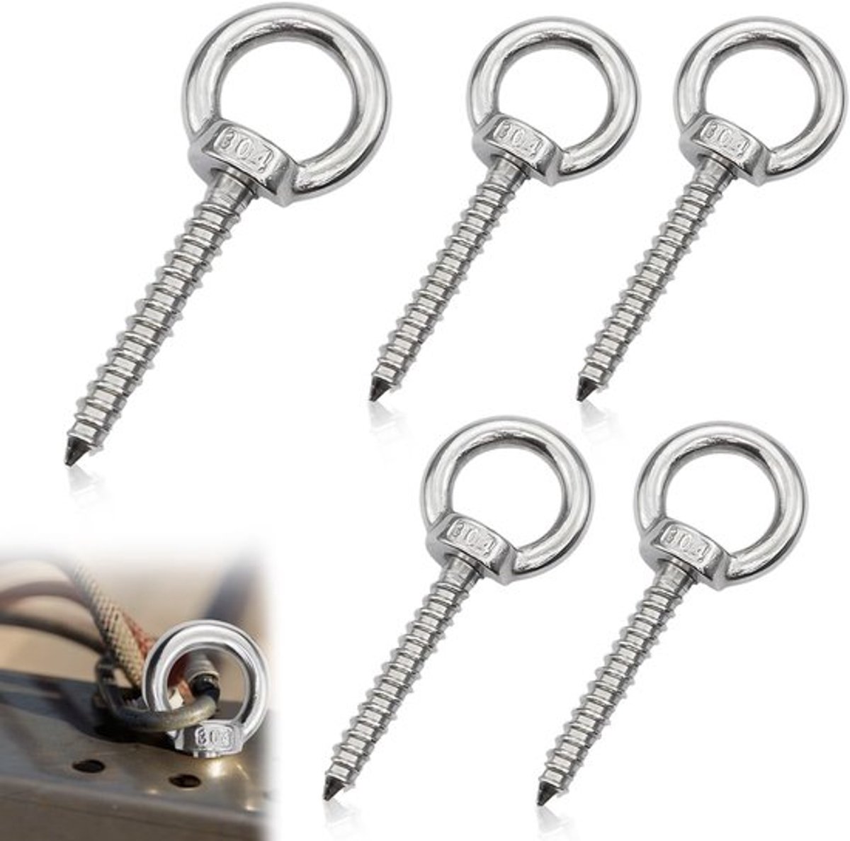 5 stuks ringschroef M8, lange oogschroef 304 roestvrij staal heavy duty ringmoer oogbout oogbout M8 × 80 mm met houten schroefdraad voor hangmatten luifels vaste kabel