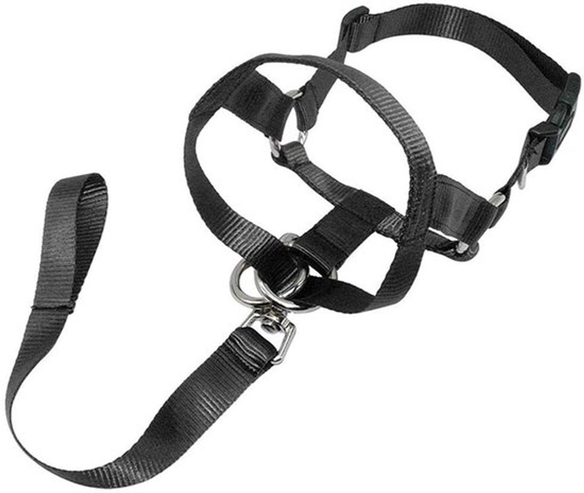 Hondenhalsband Verstelbaar - Antitrekkop Halter - Nylon - Zwart - Maat M - Omtrek Hals 33-41cm - Hondentuig