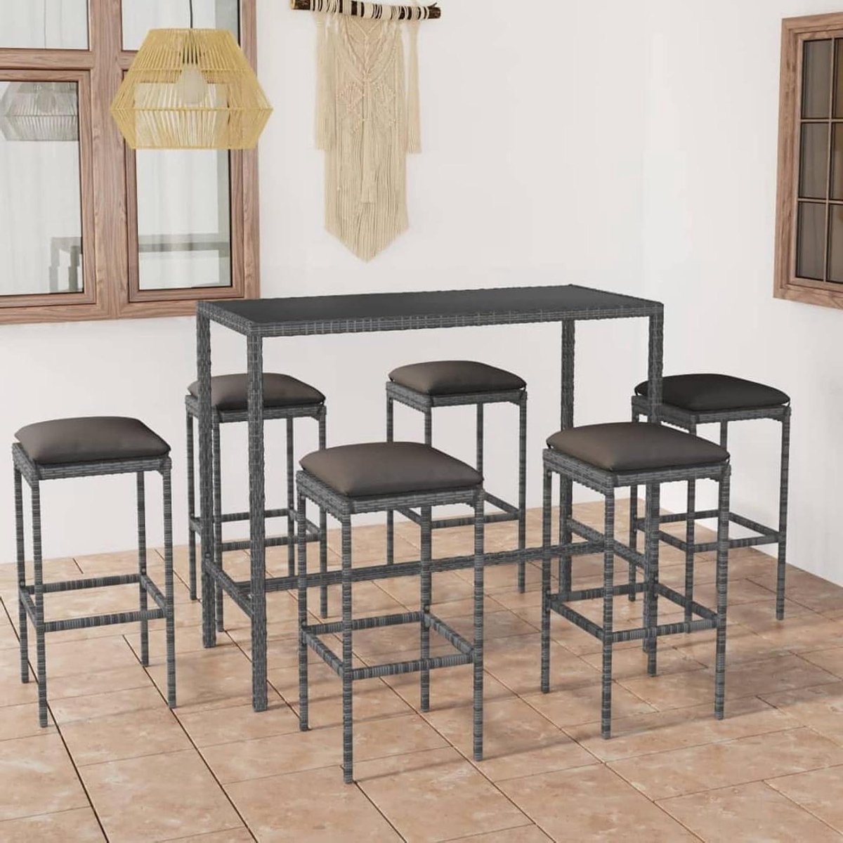 Tuinbarset 7-delig - Barmeubel Set - Buiten Ontspannen - Inclusief Kussens - 82 x 415 x 415 cm - Grijs