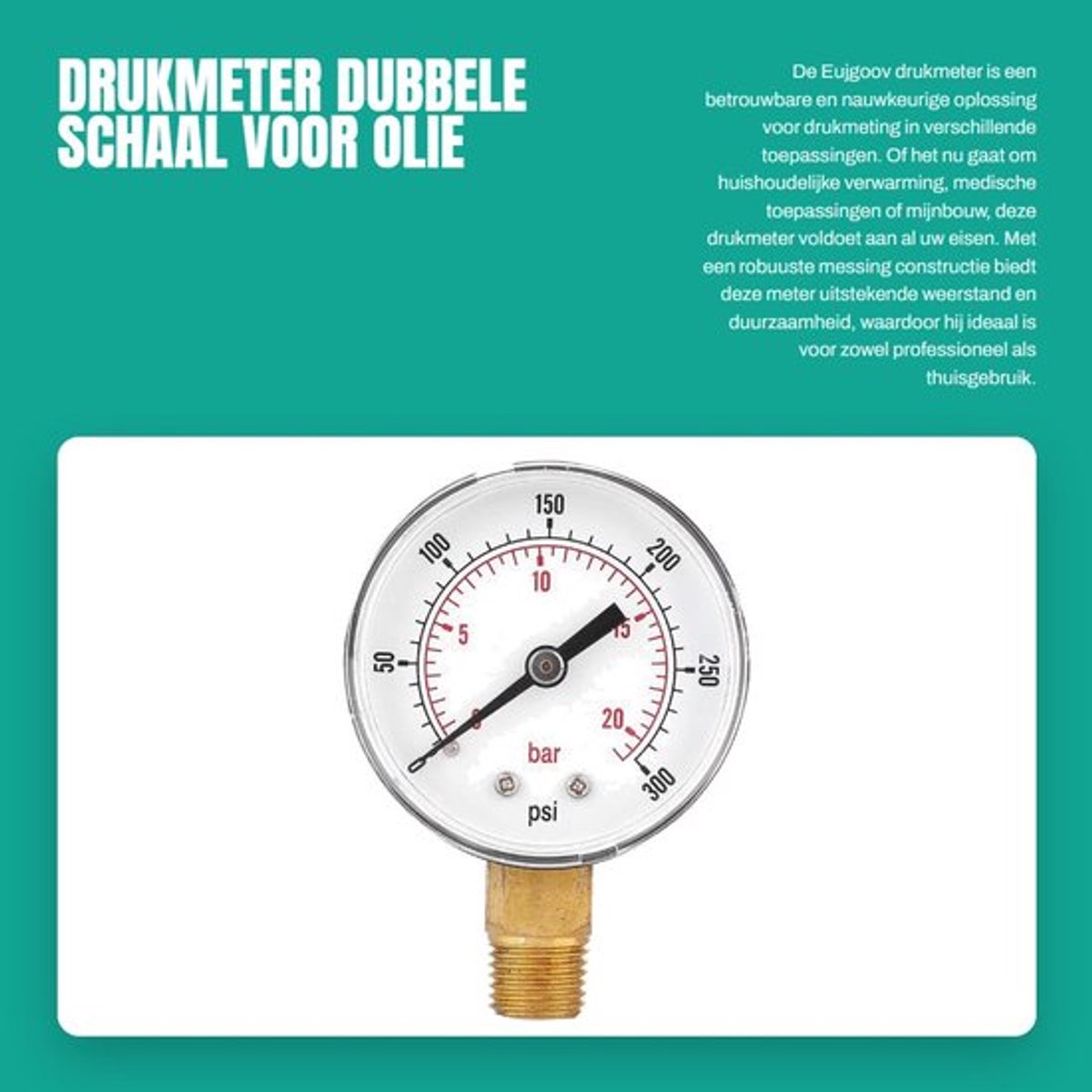 Drukmeter 1/4 BSPT - Dubbele schaal - Geschikt voor olie/gas/water - Transparante behuizing - Schokbestendig - Duurzame messing componenten - Manometer