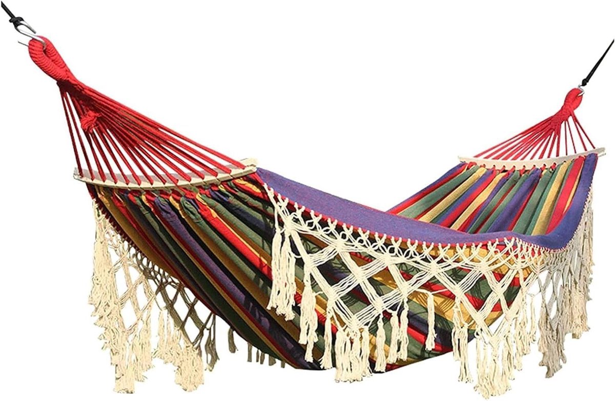 Kampeerhangmat Dubbel - Buitenhangmat Strandhangmat - Ontspannen in de natuur - Met spreidstok anti-omval - 200x150 cm - Wit