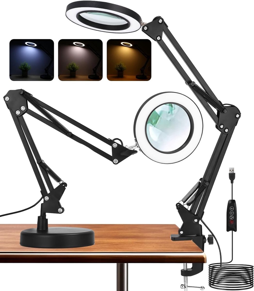 Vergrootglas met Licht - Wit - Dimbare LED Vergrootlamp met Klem - Voor Hobby, Knutselen en Werkplek