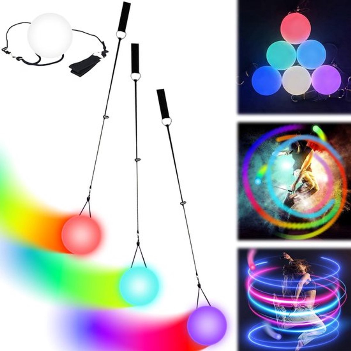Led-Poiballenset 3 Stuks - Regenboogkleuren - Stroboscoopeffect - Verstelbare Lussen - Hoogwaardig Rubber - Perfect Cadeau - Jongleerballen