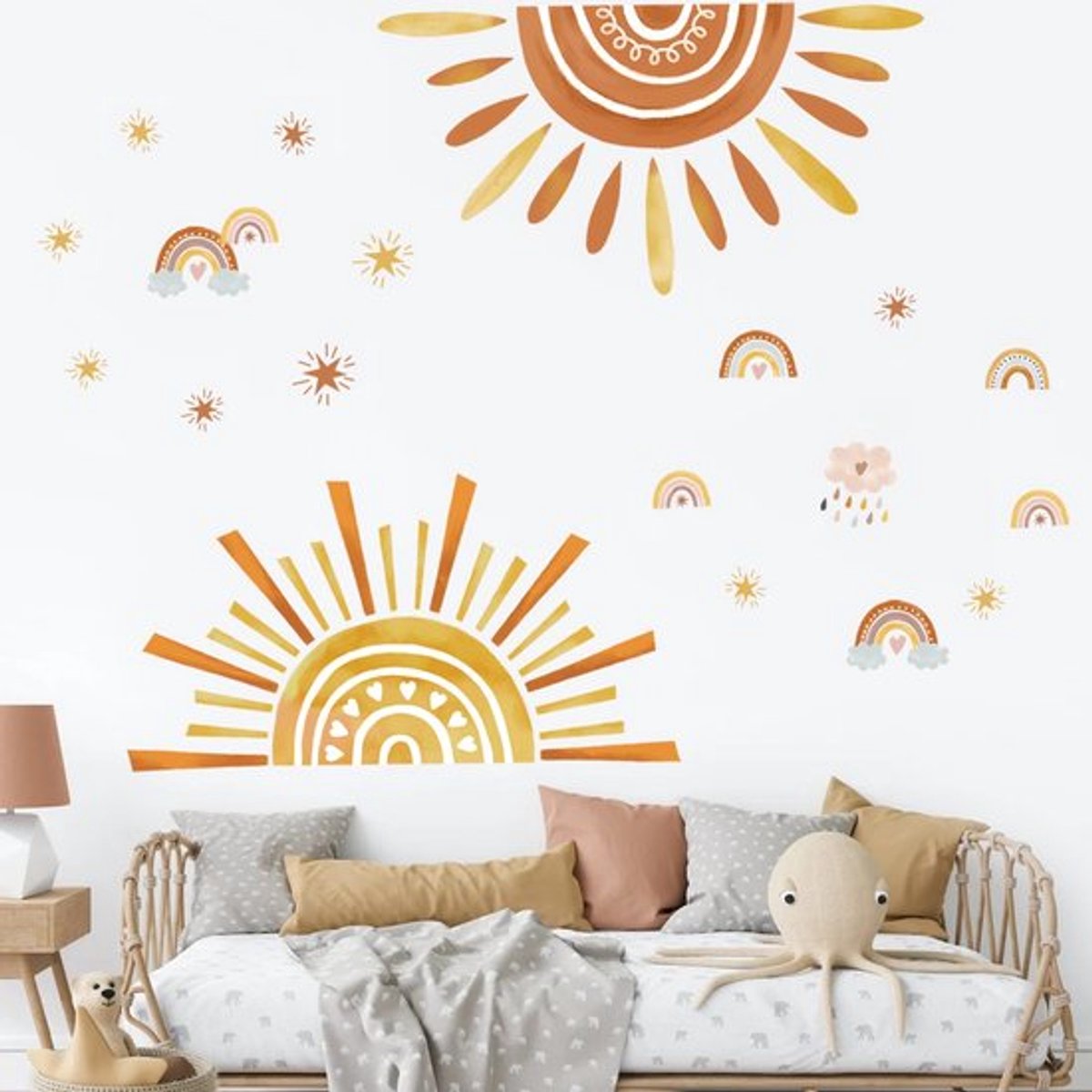 Muurstickers - Boho Regenboog - Grote Zon/Wolken - Wanddecoratie Kinderkamer - Zelfklevend - Verwijderbaar - Makkelijk aan te brengen