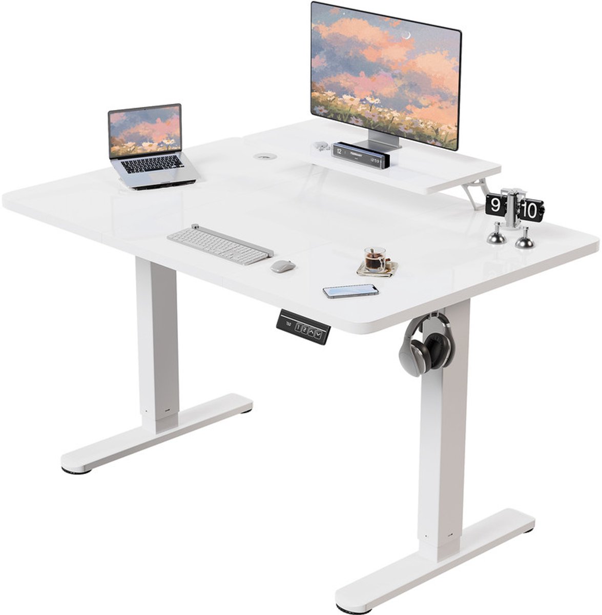 Devoko Elektrisch Zit-Sta Bureau met Monitorstandaard – 140 × 60 cm (B × D) – Stille Motor, Anti-collisionfunctie, 2 Geheugenstanden en LED-display – Draagvermogen 75 kg – Wit