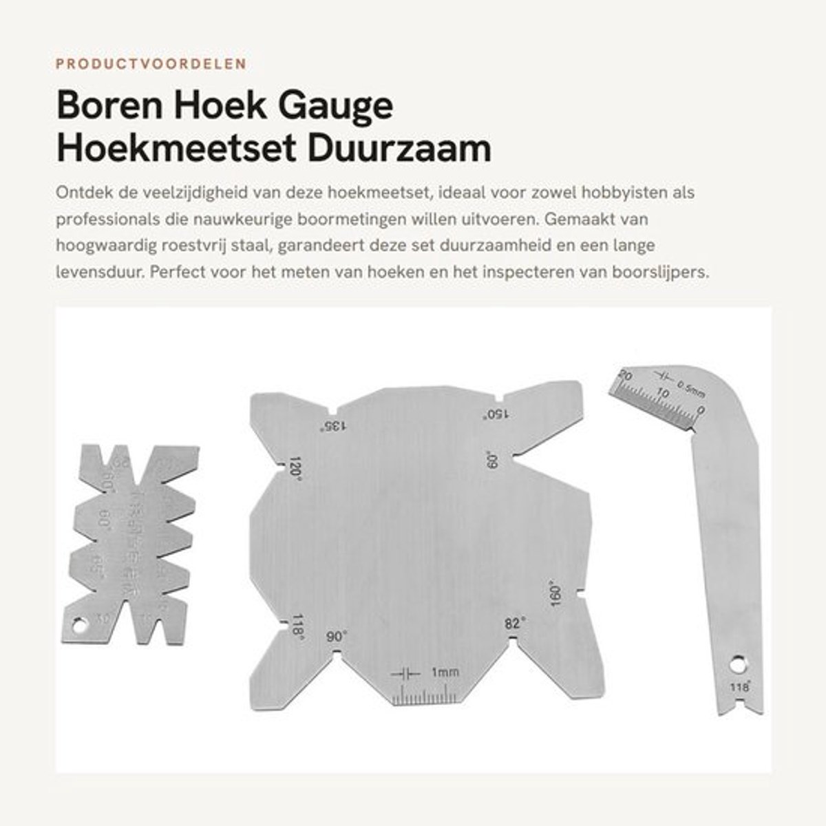 Hoekmeter Set - 3 Stuks - Roestvrij Staal - Nauwkeurigheid ± 5° - Hoekmeting - Boorslijperinspectie - Inclusief Koffer - Hoekmeetset