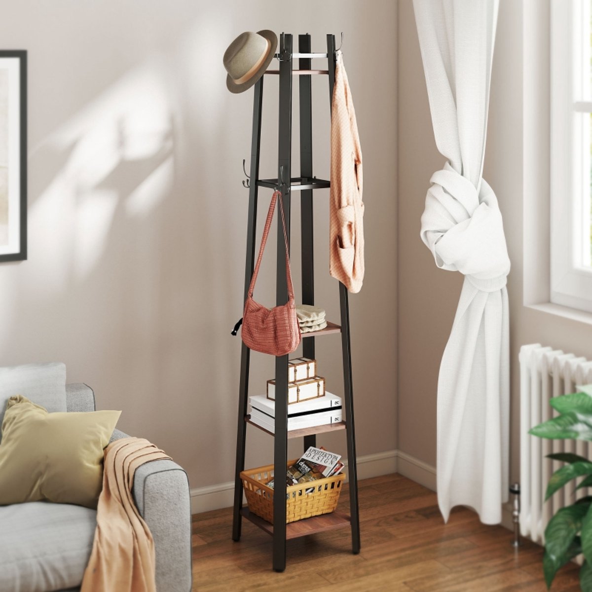 MIVRAY Kledingrek – 4 Niveaus Met 8 Haken – 34,8 x 34,8 x 179 cm – Metaal En Spaanplaat – Bruin – Vrijstaand Industrieel