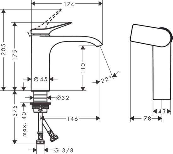 Technische tekening van een chromen wastafelkraan met afmetingen.