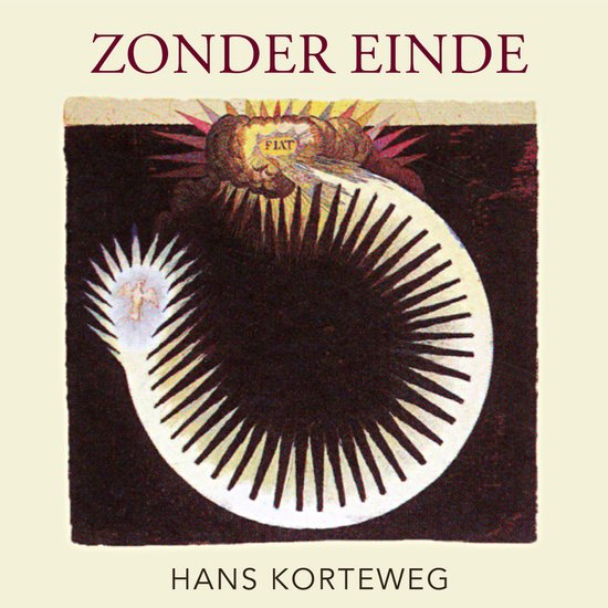 Boek 'Zonder Einde' van Hans Korteweg. Abstracte illustratie met een cirkelvormige spiraal en de tekst 'FIAT'.