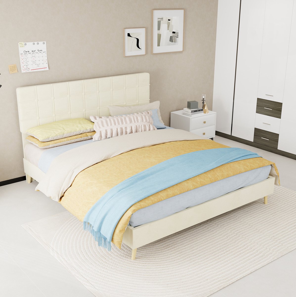 COVREO Bedframe met gewatteerd hoofdbord – 160x200 cm – Dubbel bed van velours – voor slaapkamer en logeerkamer – Beige - zonder matras