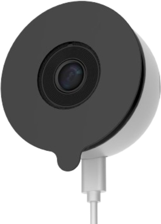 Ronde WB Goods beveiligingscamera met een zwarte rand en zilveren body, met witte kabel.