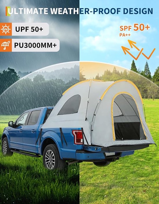 HOERFURIY pick-up laadbaktent klein model met luifel, 210D Oxford stof - waterdichte kampeertent voor 2 personen inclusief regenkap, geschikt voor laadbakken 5,5–8,2 ft, F150, Silverado, Ram 1500 — afbeelding 3