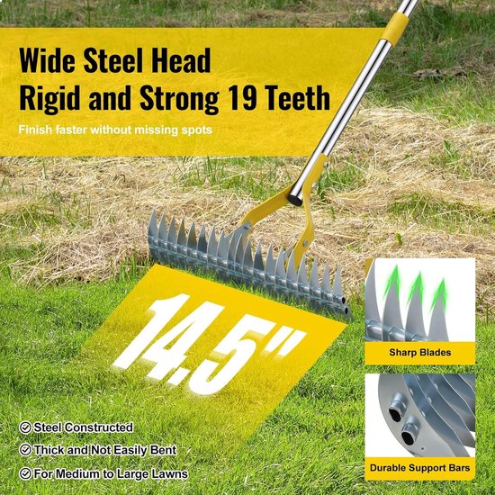 Gazonrakel - Metalen blad - 150 cm verstelbare steel - Robuuste multifunctionele tuinhark voor gazononderhoud — afbeelding 2