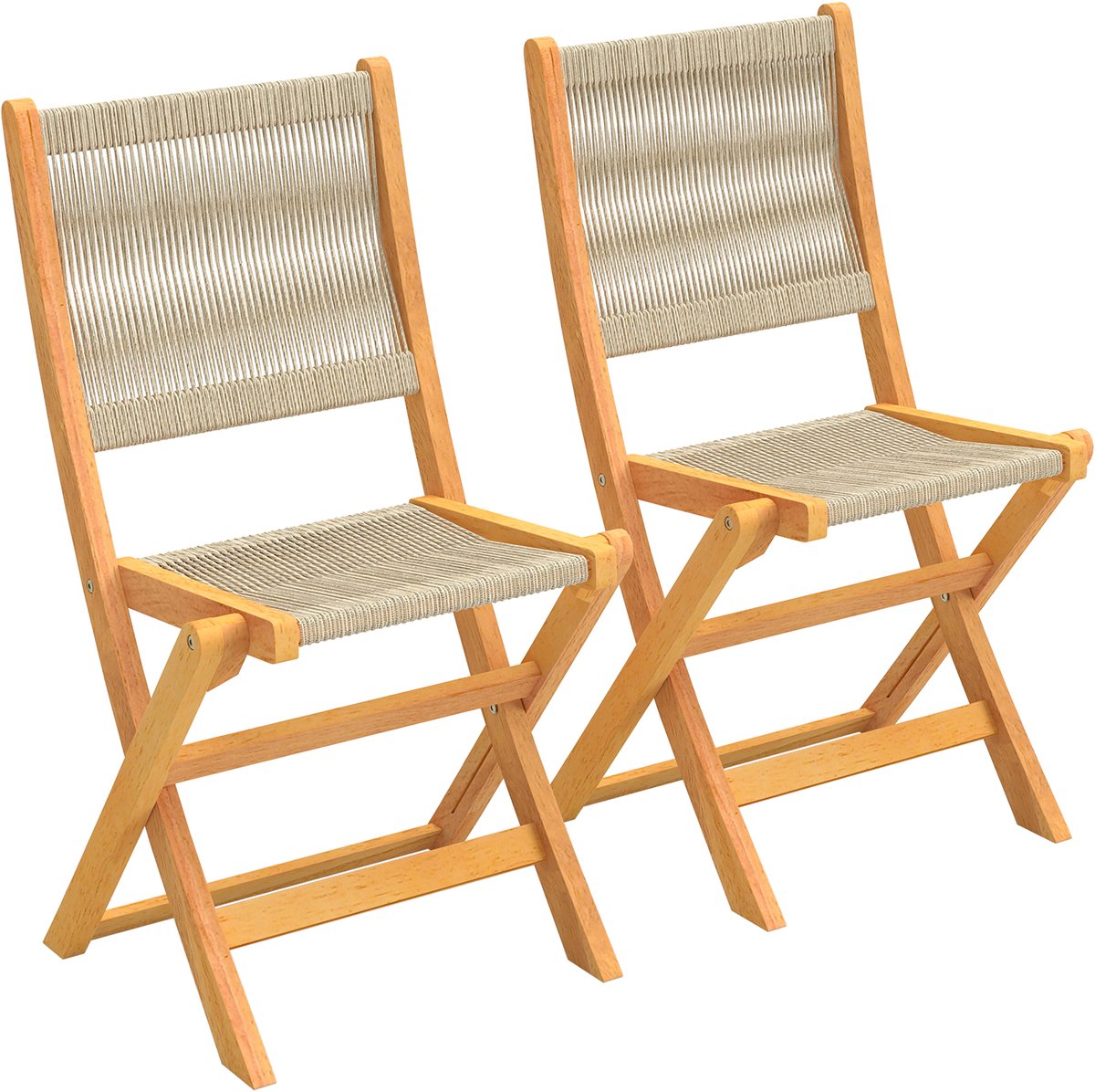 Opklapbare - stoelen - 2 - stuks - van - massief - acaciahout - balkonstoel - naturel en beige - zitting van gevlochten touw