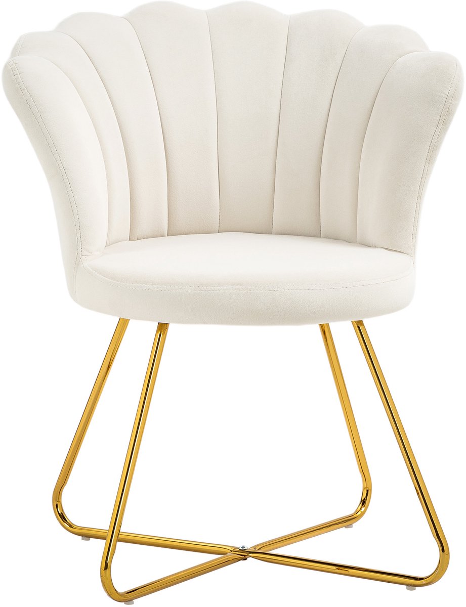 Shell-stoel, kaptafel, fluwelen stoel, woonkamerstoel met stalen poten voor de woonkamer en slaapkamer, 69 x 64 x 80 cm, wit
